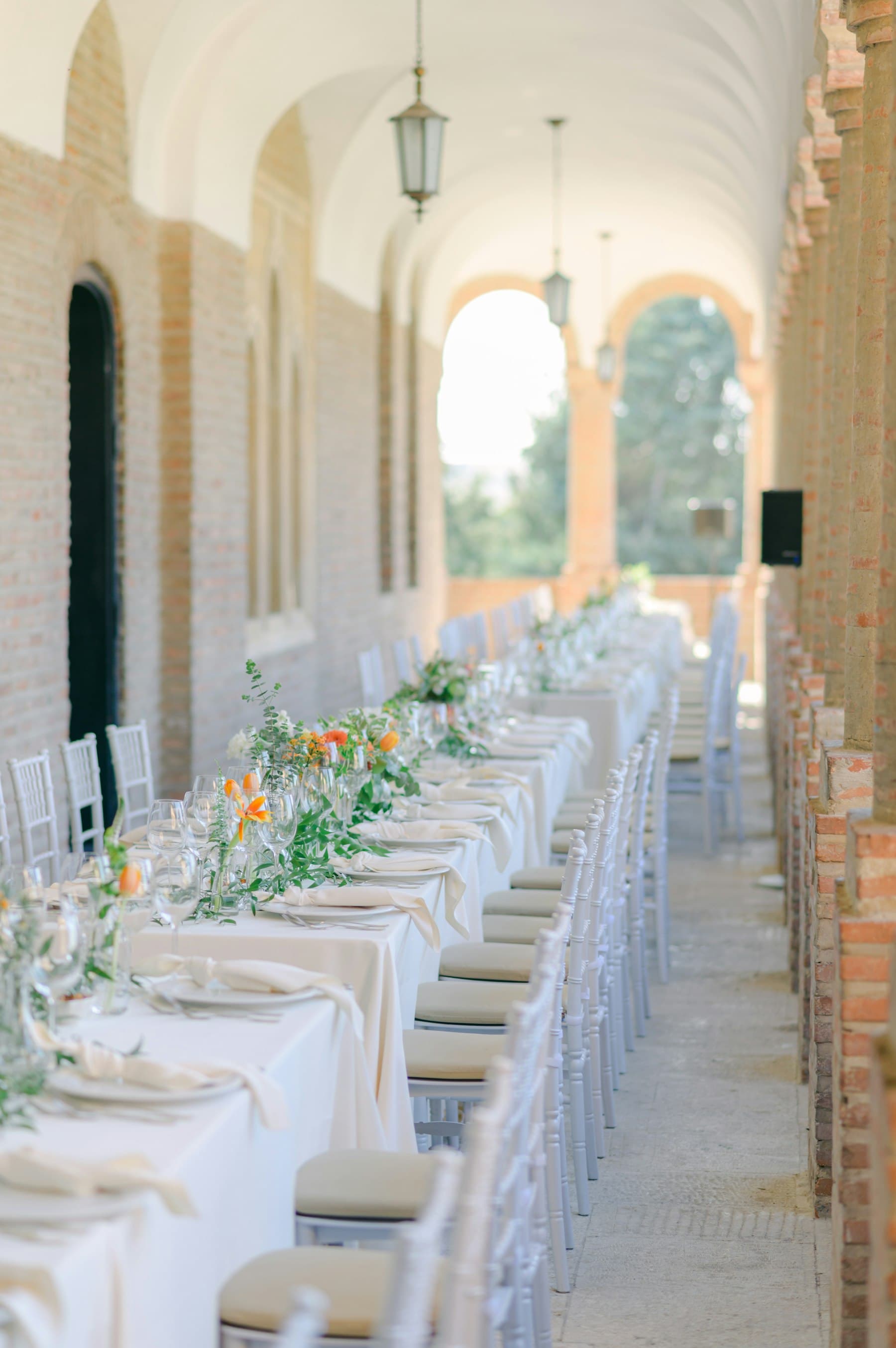Long banquet table set for a large dinner